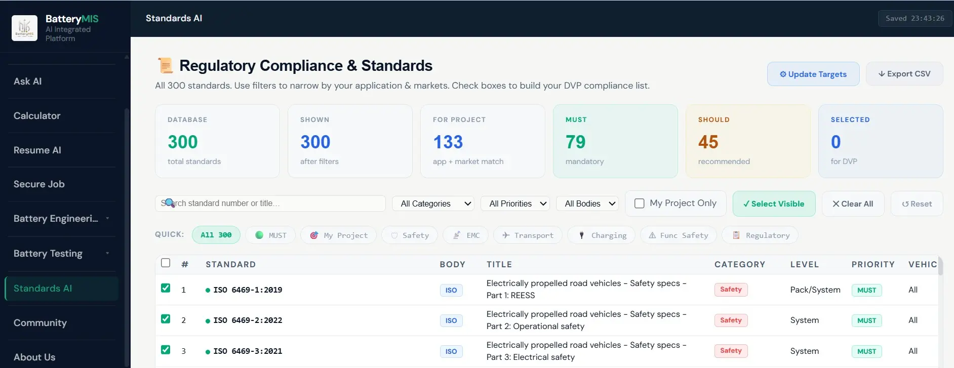 Standards AI 300 battery standards